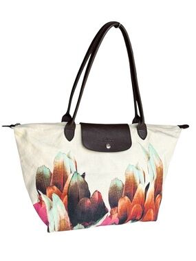 Longchamp Limited Edition Large Feather Print Canvas Tote Shoulder Bag